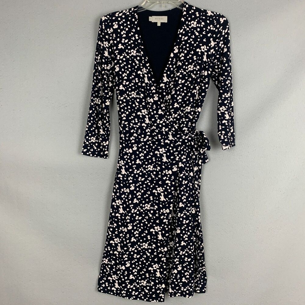 Hobbs Women’s Size 2 Navy White Floral Wrap Midi Dress Elegant Classic Core